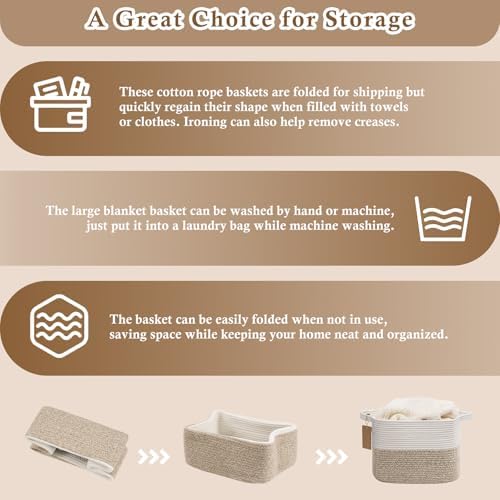 Goodpick Woven Storage Basket, Cotton Rope Basket for Dog Toys, Books, Stylish Gift Basket with Handles, 13 x 10 x 9 Inches Square Baskets for Organizing, Brown and White