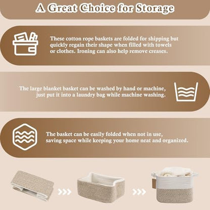 Goodpick Woven Storage Basket, Cotton Rope Basket for Dog Toys, Books, Stylish Gift Basket with Handles, 13 x 10 x 9 Inches Square Baskets for Organizing, Brown and White