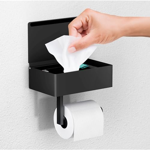 Day Moon™ Matte Black Toilet Paper Holder with Shelf, Wipe Holder for Bathroom Flushable Wipes Dispenser Toilet Paper and Wipes Holder Toilet Paper Holder with Storage