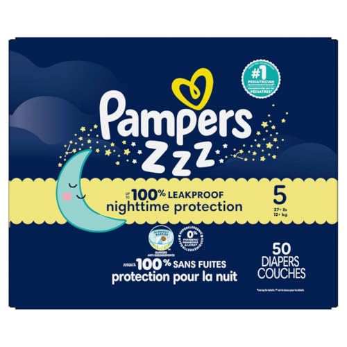 Pampers Overnight Diapers - Swaddlers Overnights - Size 5, 50 Count, Disposable Baby Diaper, Night Time Leak and Skin Protection