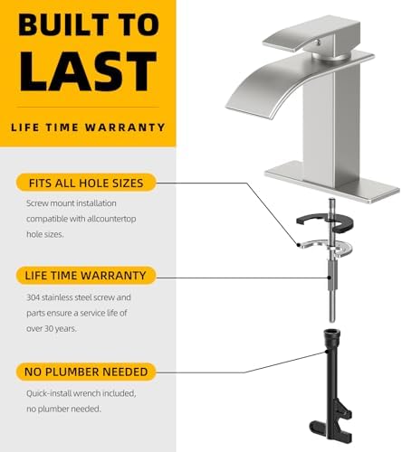 Bathroom Faucet Brushed Nickel Modern Waterfall Bathroom Sink Faucet with Single Handle Suitable for 1 or 3 Holes,Supply Deck Plate and Hose