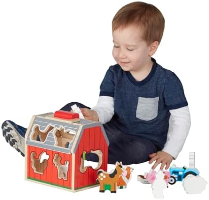 Melissa & Doug Wooden Take-Along Sorting Barn Toy with Flip-Up Roof and Handle, 10 Wooden Farm Play Pieces - Farm Toys, Shape Sorting And Stacking Learning Toys For Toddlers And Kids Ages 2+