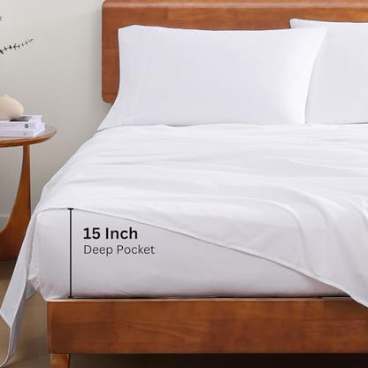 LANE LINEN Eco Friendly 100% Organic Cotton Queen Sheet Set, Soft & Comfy Fully Elasticized 15" Deep Pocket Bed Sheets, Low Pill Naturally Cooling Machine Wash Sábanas Queen- White Bed Sheets