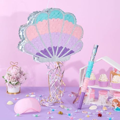 Wernnsai Mermaid Seashell Piñata - Pink Shellfish Pinatas for Kids Girls Birthday Mermaid Princess Party Decorations Under The Sea Ocean Theme Party Games With Bat Blindfold 16“ x 12.5" x 3"