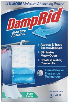 DampRid Pure Linen Hanging Moisture Absorber, 16 oz., 3 Count (Pack of 1) - Eliminates Musty Odors for Fresher, Cleaner Air, Ideal for Closet, 14% More Moisture Absorbing Power*