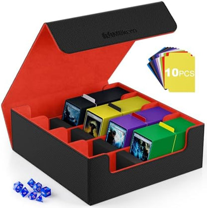 Mlikero Card Deck Case, 2400+ Trading Card Storage Box with 10 Colorful Dividers and 4 Foam Stoppers, Leather Magnetic Closure Commander Deck Box Fit for MTG, TCG (4 Rows, Black&Red)