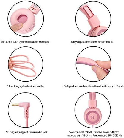 noot products Kids Headphones K11 Foldable Stereo Tangle-Free 5ft Long Cord 3.5mm Jack Plug in Wired On-Ear Headset for iPad/Girls/Boys/School/Laptop/Travel/Plane/Tablet-Soft Pink