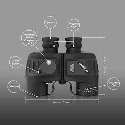 Aomekie 10x50 Binoculars for Adults Marine Military Binoculars Waterproof with Rangefinder Compass BAK4 Prism FMC Lens for Birdwatching Hunting Boating (10X50 Black)