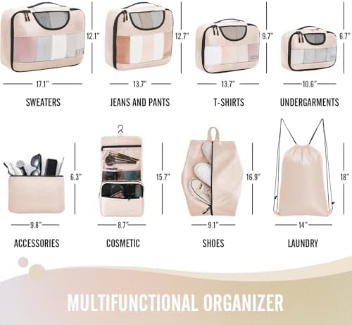 Veken 8 Set Packing Cubes, Travel Gifts for Women Mom, Carry on Suitcase Organizer Bags with Hanging Toiletry Bag and Large Laundry Bag, Travel Essentials Luggage Accessories for Cruise Ship