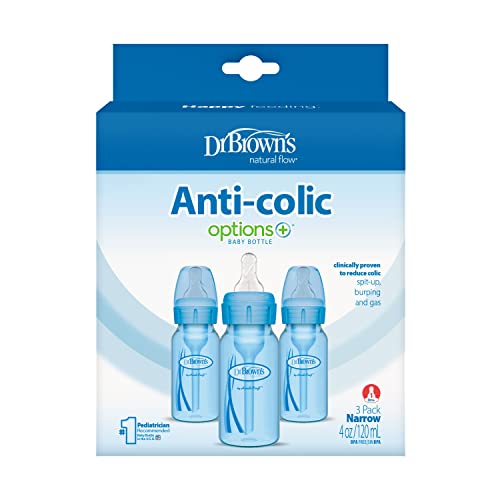Dr. Brown’s Natural Flow® Anti-Colic Options+™ Narrow Baby Bottles 4 oz/120 mL, with Level 1 Slow Flow Nipple, 3 Pack, 0m+ Blue
