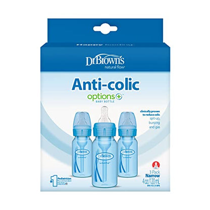 Dr. Brown’s Natural Flow® Anti-Colic Options+™ Narrow Baby Bottles 4 oz/120 mL, with Level 1 Slow Flow Nipple, 3 Pack, 0m+ Blue