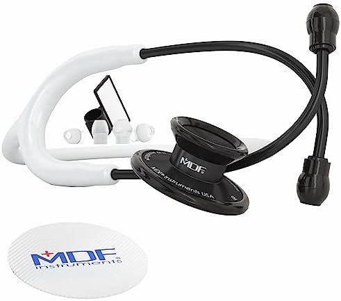 MDF Instruments, Acoustica Lightweight Stethoscope for Doctors, Nurses, Students, Home Health Use, Adult, Dual Head, White Tube, Black Chestpiece-Headset, MDF747XPBO29