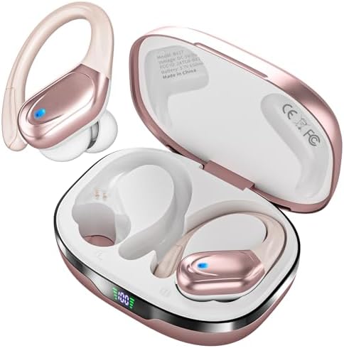 Wireless Earbuds, Sports Bluetooth Headphones, 80Hrs Playtime Ear Buds with LED Power Display, Noise Canceling Headset, IPX7 Waterproof Earphones for Workout/Running Rose Gold
