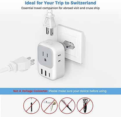 TESSAN Switzerland Power Adapter, Swiss Travel Adaptor with 4 American Outlets 3 USB Charger (1 USB C Port), Type J Plug for US to Liechtenstein Rwanda