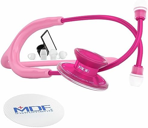 MDF Instruments, Acoustica Lightweight Stethoscope for Doctors, Nurses, Students, Home Health Use, Adult, Dual Head, Pink Tube, Pink Alloy Chestpiece-Headset, MDF747XPPA01