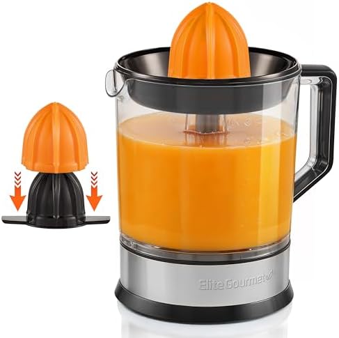 Elite Gourmet ETS740 BPA-Free Electric Citrus Juicer with 2 Cones, Compact, Large Volume, Pulp Control, Oranges, Lemons, Limes, Grapefruits with Easy Pour Spout, 1.2L, Black/Stainless Steel