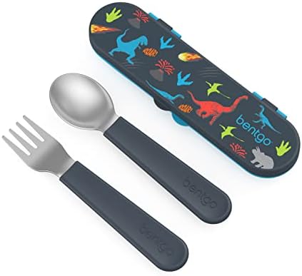 Bentgo Kids Stainless Steel Utensil Set - Reusable Fork, Spoon & Storage Case - High-Grade BPA-Free Stainless Steel, Easy-Grip Handles, Dishwasher Safe for School Lunch, Travel & Outdoors (Dinosaur)
