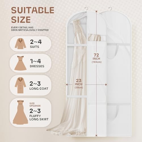 72inches Garment Bag with Zipper Pocket, Wedding Dress Bag for Gowns Long, White