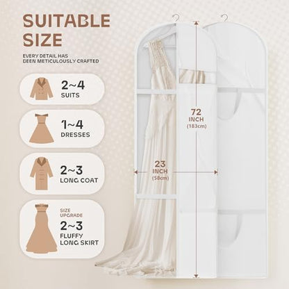 72inches Garment Bag with Zipper Pocket, Wedding Dress Bag for Gowns Long, White
