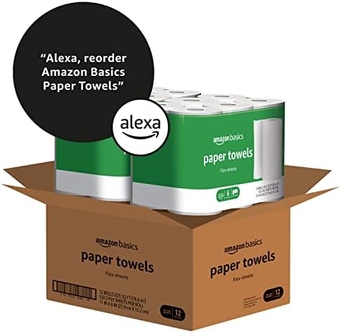 Amazon Basics 2-Ply Flex-Sheets Paper Towels, 12 Basics Rolls = 32 Regular Rolls, Everyday Value with 150 Sheets per Roll