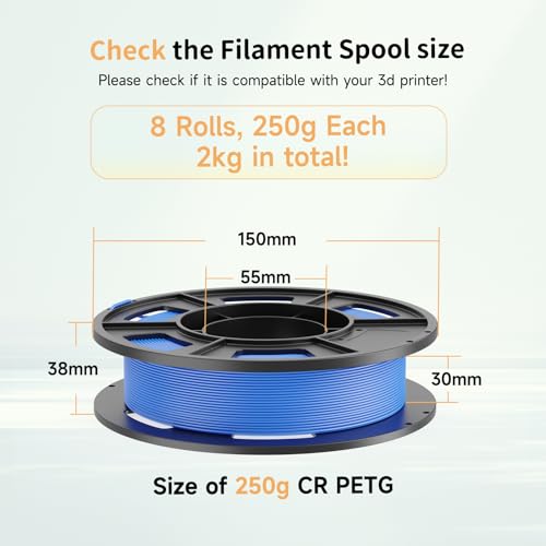 CREALITY PETG Filament Bundle, 8 Colors Total 2kg, 1.75mm 3D Printer PETG Filament, Individually Vacuum-Sealed, Fit for Most FDM 3D Printers, Black+White+Grey+Tansparent+Red+Blue+Green+Orange