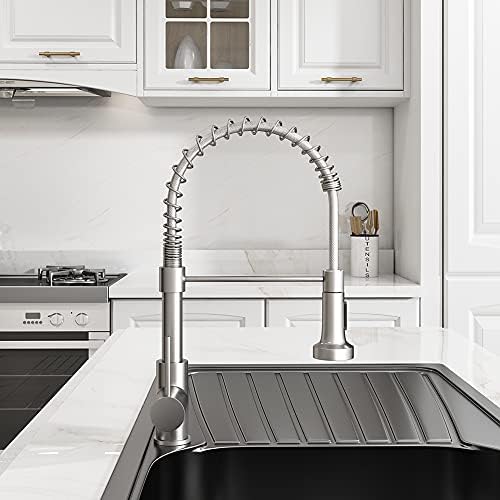 OWOFAN Kitchen Faucet with Pull Down Sprayer Brushed Nickel Stainless Steel 1 Handle Pull Out Spring Sink Faucets 1 Hole Or 3 Hole Dual Function for Farmhouse Camper Laundry Utility Rv Wet Bar