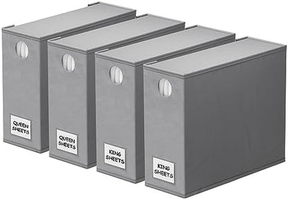 SpaceAid 4 Pack Bed Sheet Organizers and Storage, Foldable Sheet Organizer for Linen Closet, Sheets Set Folder Keeper with Window XL (Queen & King Size) Organizing Bedding Container, Gray