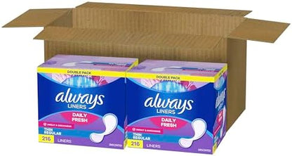 Always Daily Fresh Thin Liners, Regular Absorbency, Unscented Panty Liners, 432 Count (2 Packs of 216)