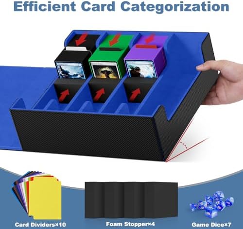 Mlikero Card Deck Case, 2400+ Trading Card Storage Box with 10 Colorful Dividers and 4 Foam Stoppers, Leather Magnetic Closure Commander Deck Box Fit for MTG, TCG (4 Rows, Black&Blue)