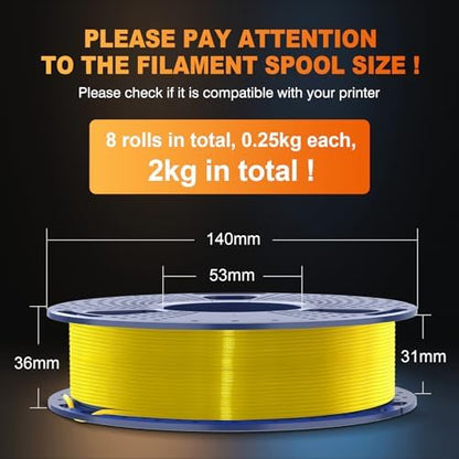 SUNLU 3D Printer Filament Bundle, PLA+ Silk Filament Multicolor 1.75mm, Individually Vacuum Packed, 250G Spool, 8 Rolls, 2kg in Total, Black+White+Light Gold+Silver+Brass+Red Copper+Blue+Green