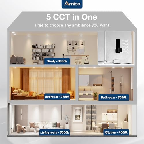 Amico 12 Pack 4 Inch 5CCT Ultra-Thin LED Recessed Dimmable Can/Ceiling Light with Junction Box, 2700K/3000K/3500K/4000K/5000K Selectable, 11W Eqv 70W, 800LM High Brightness Wafer Downlight - ETL&FCC