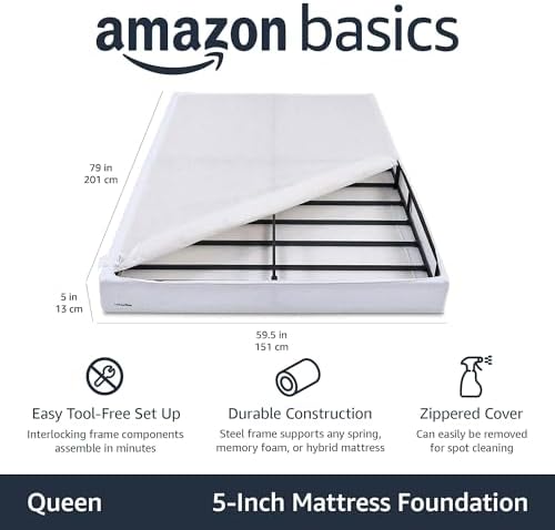 Amazon Basics Smart Box Spring Bed Base, 5-Inch Height Mattress Foundation, Tool-Free Easy Assembly, Queen, 79"L x 59.5"W x 5"H, White