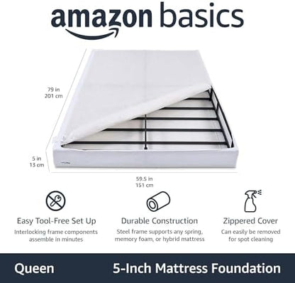 Amazon Basics Smart Box Spring Bed Base, 5-Inch Height Mattress Foundation, Tool-Free Easy Assembly, Queen, 79"L x 59.5"W x 5"H, White