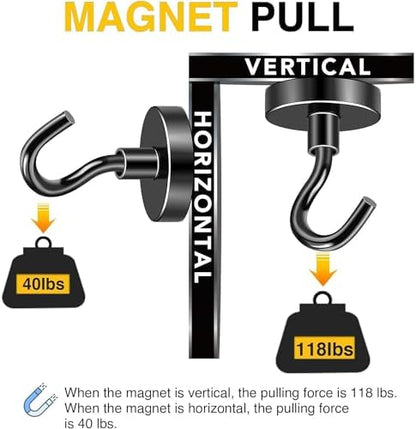 DIYMAG Black Magnetic Hooks, 118 LB Heavy Duty Strong Magnets with Hooks, Strong Rare Earth Neodymium Magnet Magnetic Hooks for Cruise Cabins Cruise Ship Essentials 8 Packs