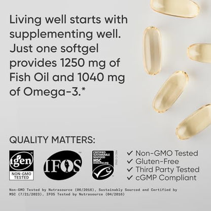Sports Research Triple Strength Omega 3 Fish Oil - Burpless Fish Oil Supplement w/EPA & DHA Fatty Acids from Single-Source Wild Alaskan Pollock - 1250 mg, 180 ct