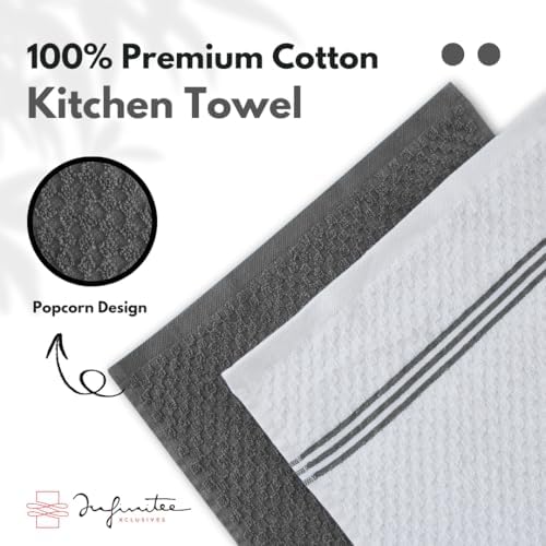 Infinitee Xclusives 100% Cotton Kitchen Towels - 15x25 Inch Ultra Soft Tea Towel, Super Absorbent Terry Dish Towels for Kitchen Linens |Grey|