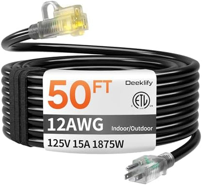 12/3 50 FT Heavy Duty Outdoor Extension Cord Waterproof with Lighted End,Black 12 Gauge Extension Cord Flexible and Cold Resistant 3 Prong Grounded Plug,15Amp 1875W SJTW ETL Listed