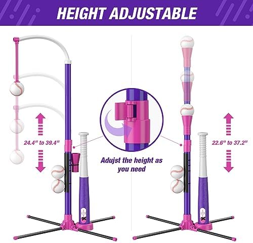 4 in 1 T Ball Sets for Kids 3-5 with Toss and Catch Ball Set, Hanging Tee Stand with Auto Pitching Machine/ 2 Bats, Indoor Outdoor Toys Baseball Gifts for Toddler Boys Girls, Purple