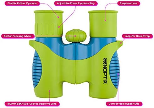Binoculars for Kids, Girls or Boys Real Kids Binoculars in Vibrant Green Blue - Includes Sticker Book with 40 Bird Species - Small Toys for Toddlers