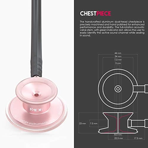 MDF Instruments, Acoustica Lightweight Stethoscope for Doctors, Nurses, Students, Home Health Use, Adult, Dual Head, Black Tube, Rosegold (Matte Finish) Chestpiece-Headset, MDF747XPRG11