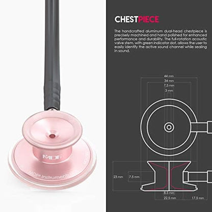 MDF Instruments, Acoustica Lightweight Stethoscope for Doctors, Nurses, Students, Home Health Use, Adult, Dual Head, Black Tube, Rosegold (Matte Finish) Chestpiece-Headset, MDF747XPRG11