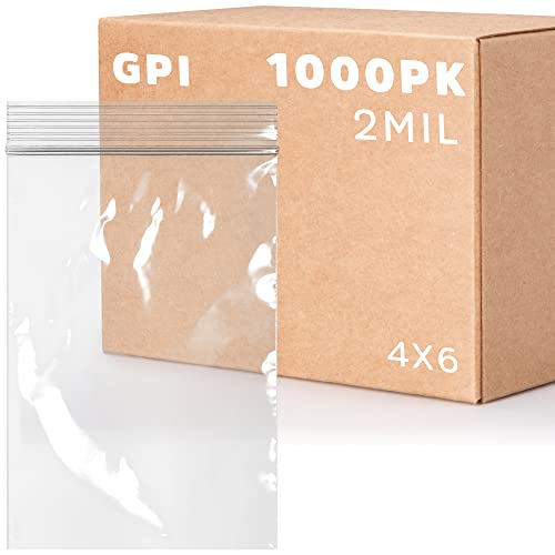 CLEAR PLASTIC RECLOSABLE ZIP BAGS - Bulk GPI Case Of 1000 4" x 6" 2 mil Thick Strong & Durable Poly Baggies With Resealable Zip Top Lock For Travel, Storage, Packaging & Shipping.