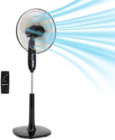 Amazon Basics 16" Pedestal Fan with Remote, Floor Fan, Standing Fan for Bedroom, Living Room, Office, with 3 Speeds, 3 Modes, Timer, Dual-Layered Blades, Adjustable Height, Tilt Head, 60W, Black