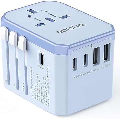EPICKA Universal Travel Adapter, International Power Adapter with 2 USB-A & 3 USB-C Ports Wall Charger - Worldwide Travel Essentials, European Travel Plug Adapter for UK/US/AU (TA-105C, Blue)