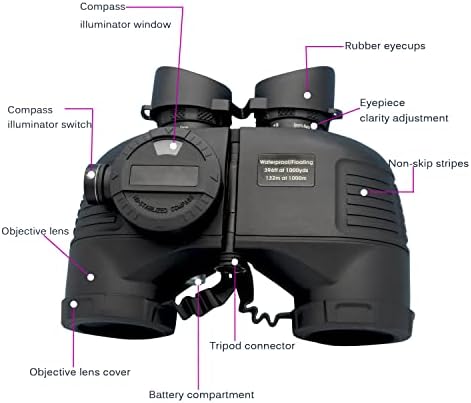 Hooway 7x50 HD Waterproof Military Marine Binoculars w/Internal Rangefinder & Compass for,Bird Watching,Boating and More(Black)