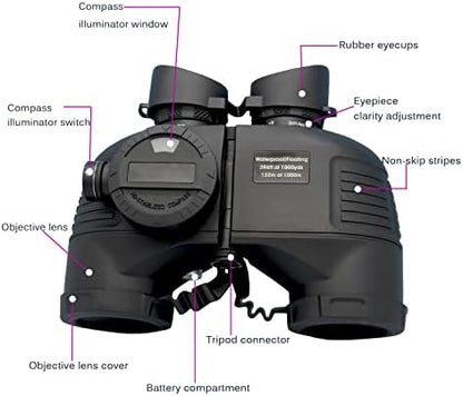 Hooway 7x50 HD Waterproof Military Marine Binoculars w/Internal Rangefinder & Compass for,Bird Watching,Boating and More(Black)