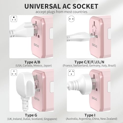 EPICKA Universal Travel Adapter, International Power Plug Adapter with 3 USB-C and 2 USB-A Ports, All-in-One Worldwide Wall Charger for USA EU UK AUS (TA-105C, Pink)