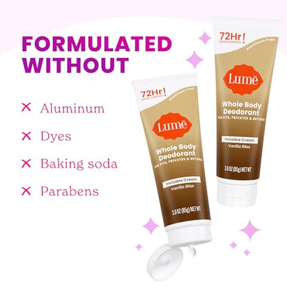 Lume Whole Body Deodorant - Invisible Cream Tube - 72 Hour Odor Control - Doctor Developed - Aluminum Free, Baking Soda Free and Skin Loving - 3.0 Ounce (Vanilla Bliss)