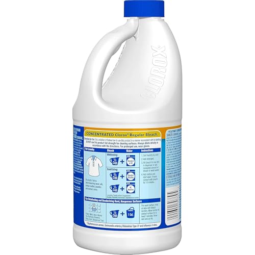 Clorox Bleach Cleaner, 2 Pack Original Concentrated Bleach, Easy Pour Bottle with Handle, Moldand Mildew Remover, Removes Stains and Whitens, 43 oz Each