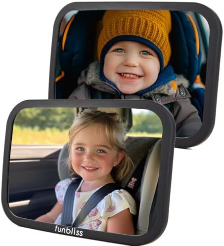 Funbliss Rear Facing Car Seat Mirrors - Shake-proof & Shatterproof Baby Car Mirror for Backseat - Clear Wide View, Easy Install, 2 Pack for Multiple Kids